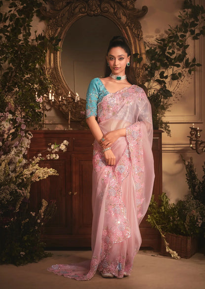 Blush Pink Tissue Organza Heavy Embroidery Saree