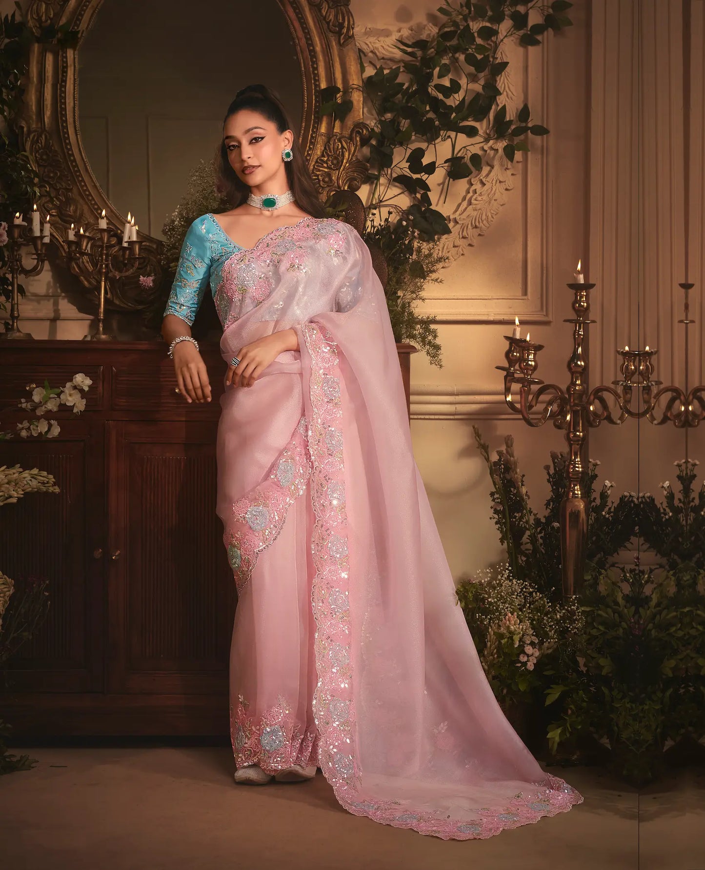 Blush Pink Tissue Organza Heavy Embroidery Saree