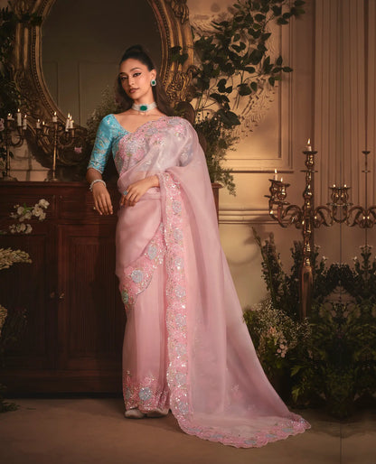 Blush Pink Tissue Organza Heavy Embroidery Saree
