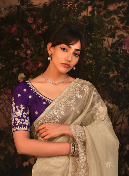 Golden Beige Tissue Organza Heavy Embroidery Saree