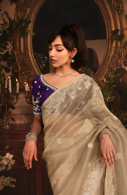 Golden Beige Tissue Organza Heavy Embroidery Saree