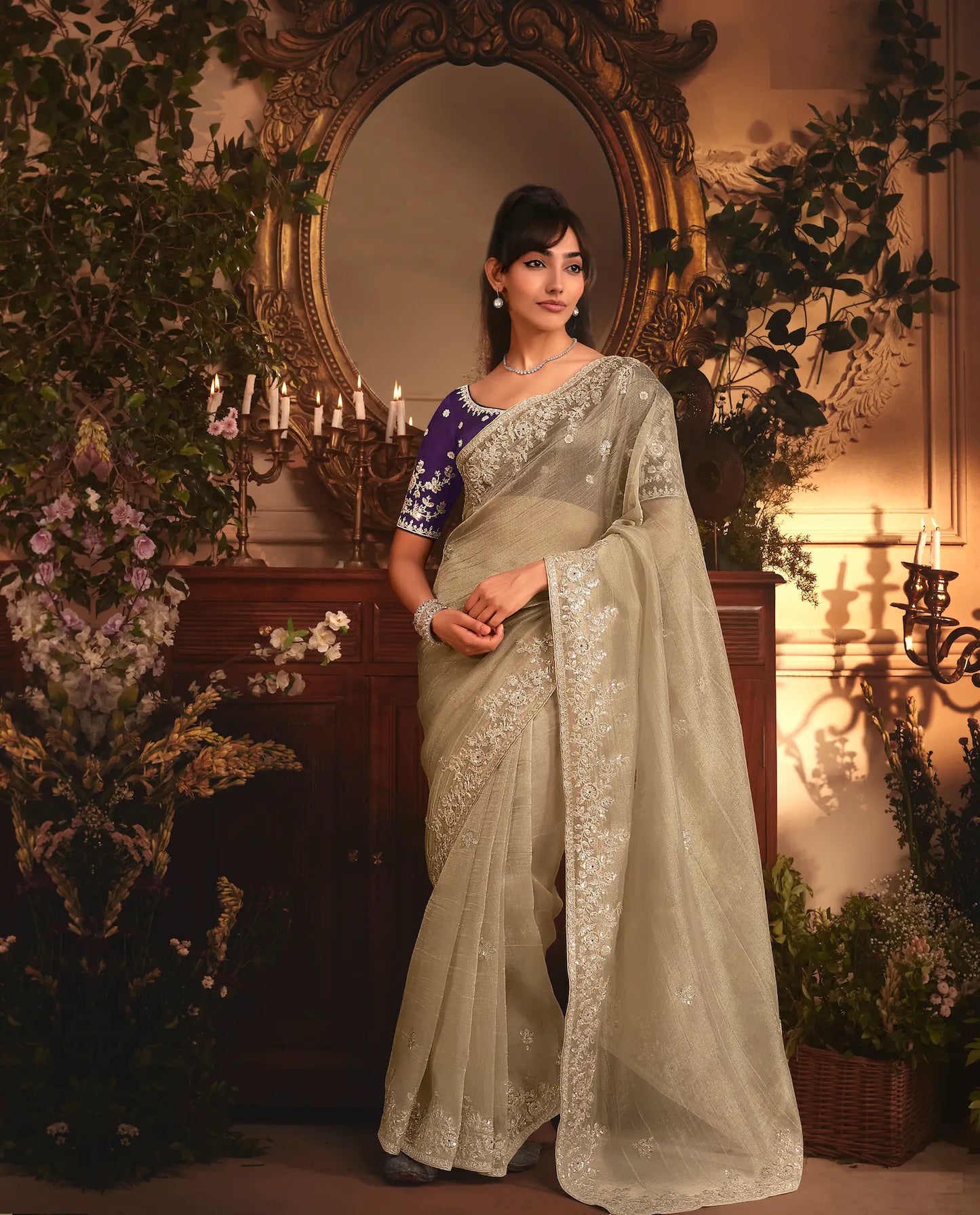 Golden Beige Tissue Organza Heavy Embroidery Saree
