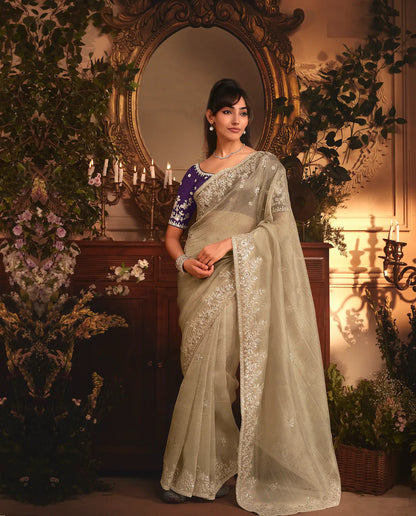 Golden Beige Tissue Organza Heavy Embroidery Saree