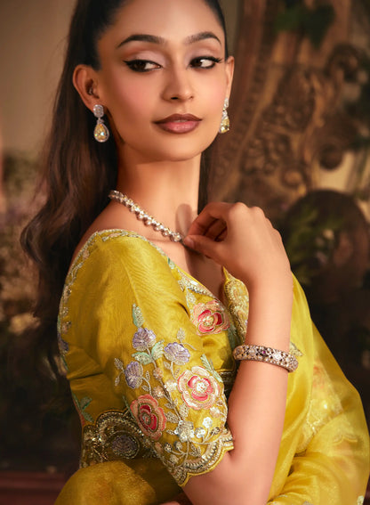 Fuel Yellow Tissue Organza Heavy Embroidery Saree
