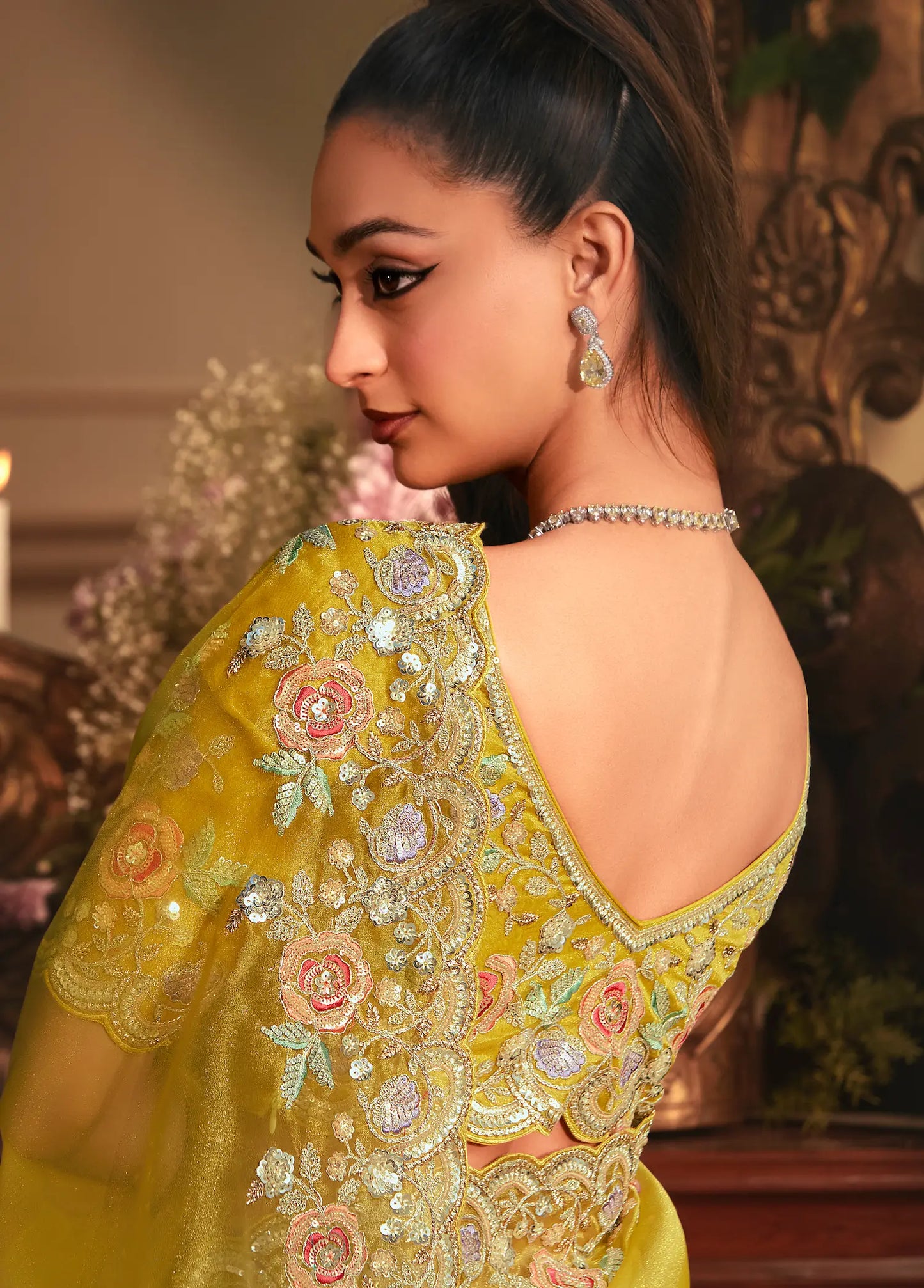 Fuel Yellow Tissue Organza Heavy Embroidery Saree