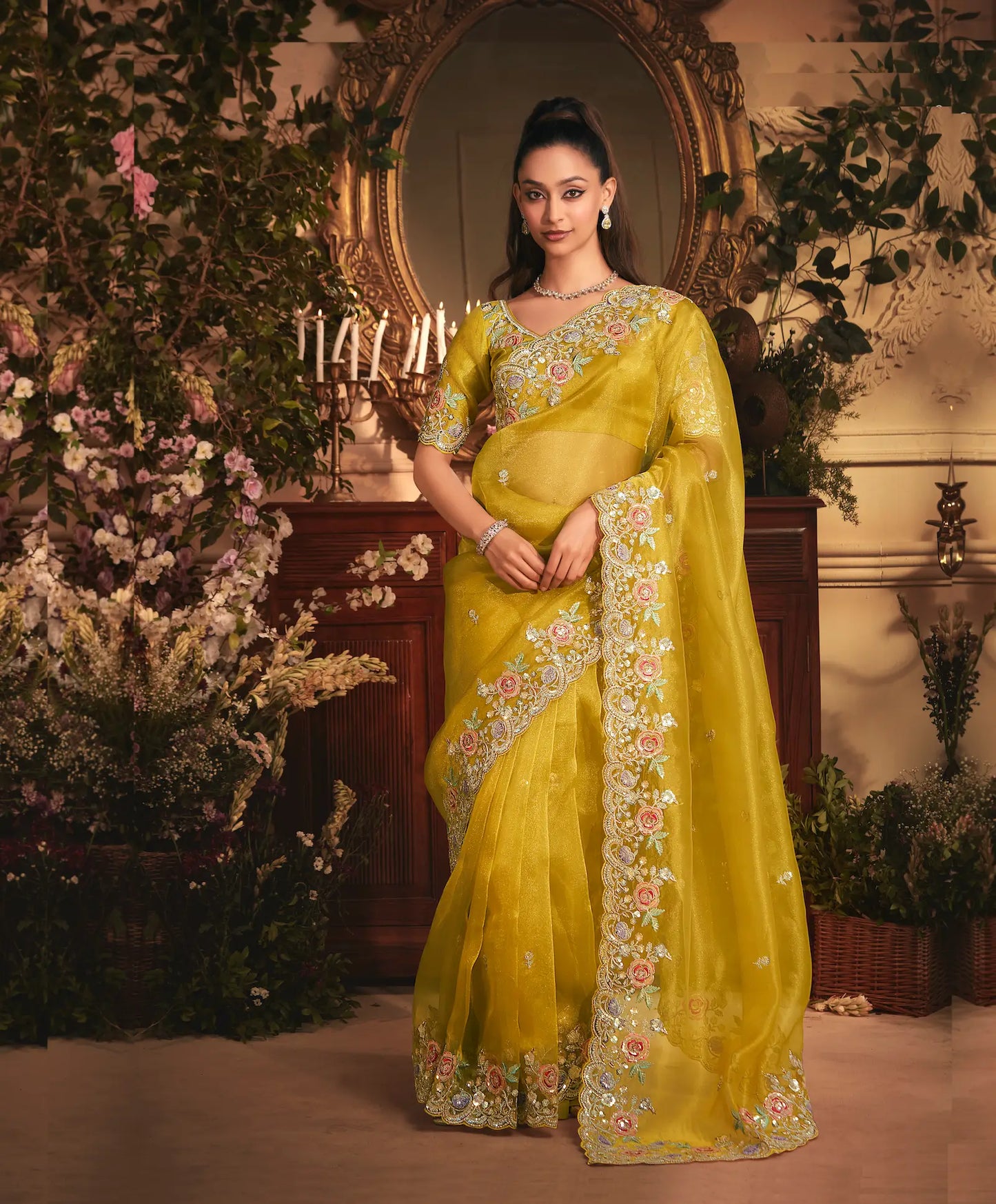 Fuel Yellow Tissue Organza Heavy Embroidery Saree