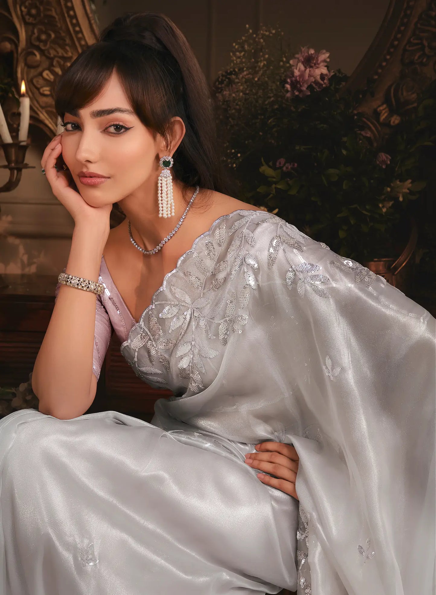 Silver Grey Tissue Organza Heavy Embroidery Saree