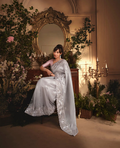 Silver Grey Tissue Organza Heavy Embroidery Saree