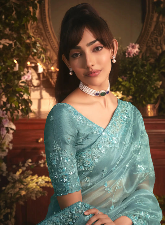 Greyish Teal Tissue Organza Heavy Embroidery Saree