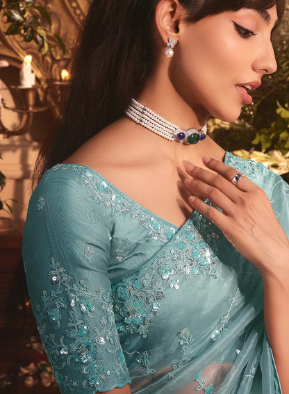 Greyish Teal Tissue Organza Heavy Embroidery Saree