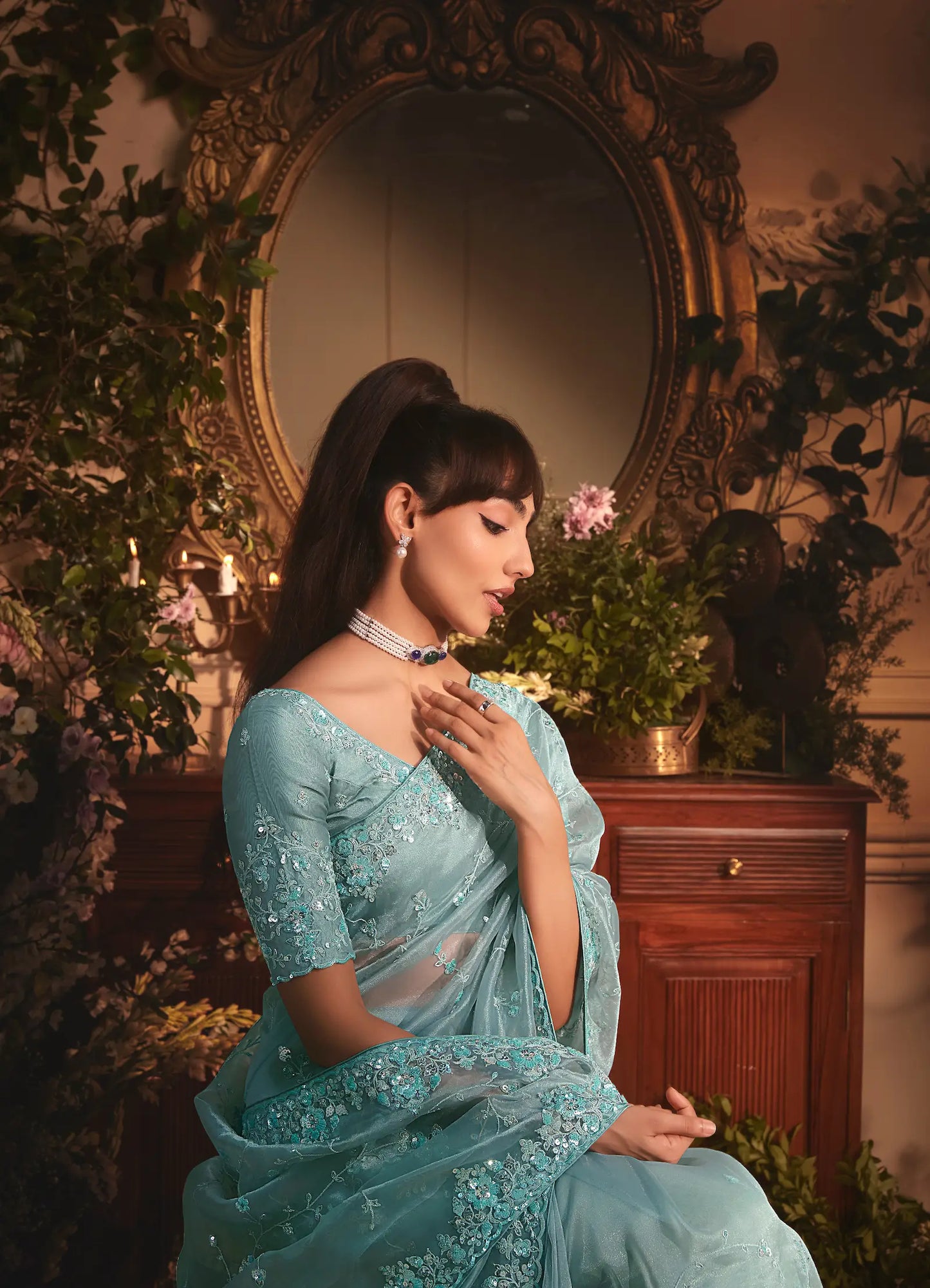 Greyish Teal Tissue Organza Heavy Embroidery Saree