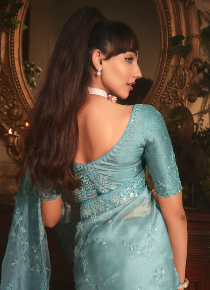 Greyish Teal Tissue Organza Heavy Embroidery Saree
