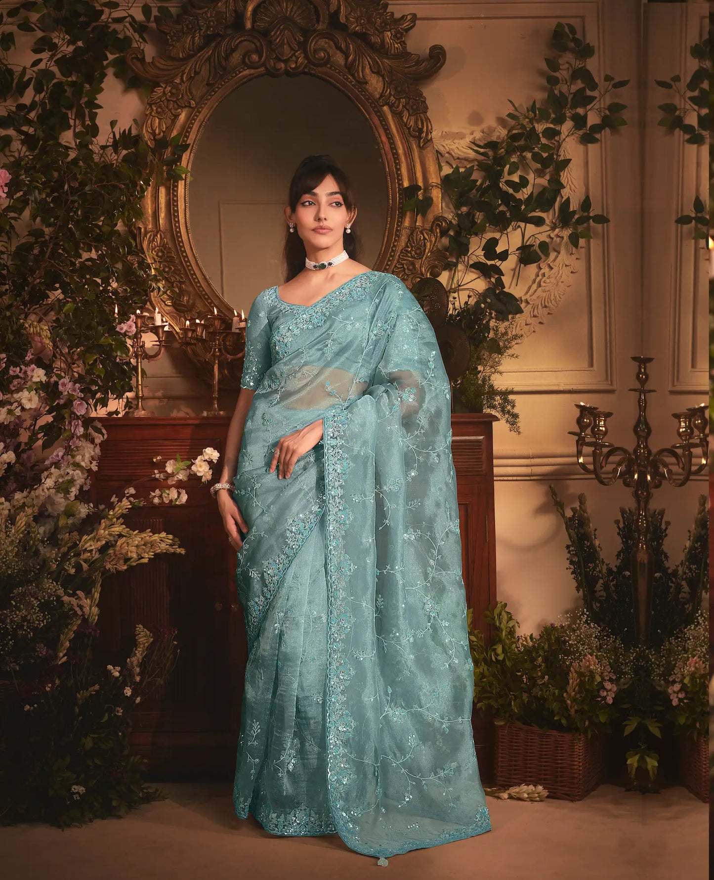 Greyish Teal Tissue Organza Heavy Embroidery Saree