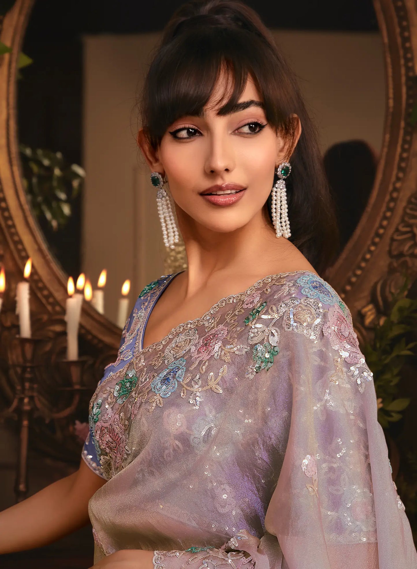 Dusty Lavender Tissue Organza Heavy Embroidery Saree