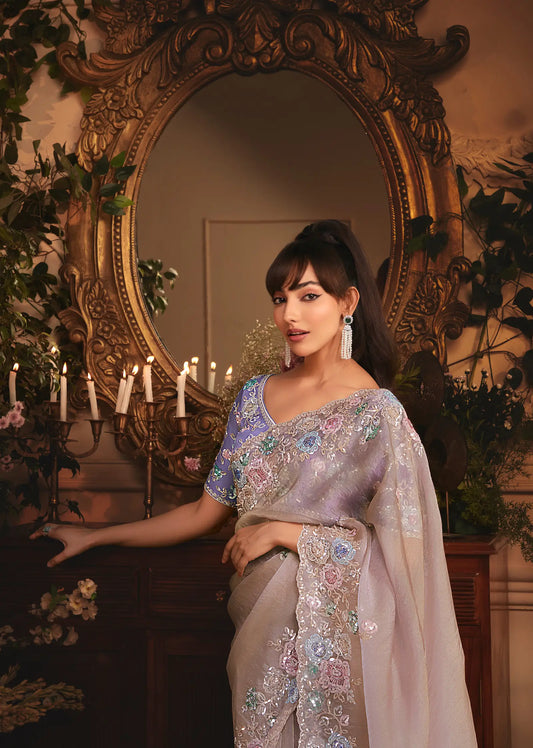 Dusty Lavender Tissue Organza Heavy Embroidery Saree