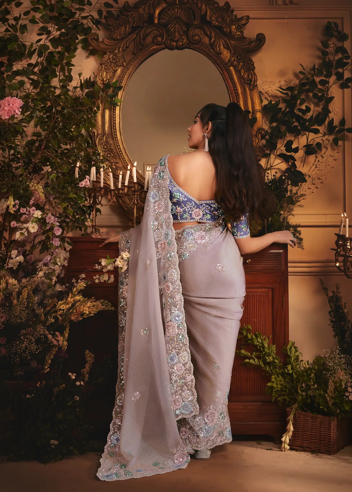 Dusty Lavender Tissue Organza Heavy Embroidery Saree