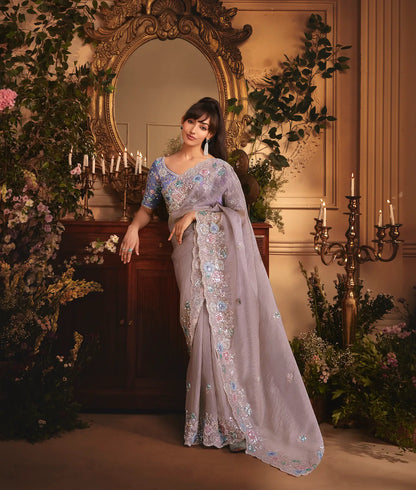 Dusty Lavender Tissue Organza Heavy Embroidery Saree