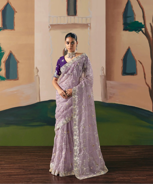 Lavender Fancy Embroidery & Stone Work Saree