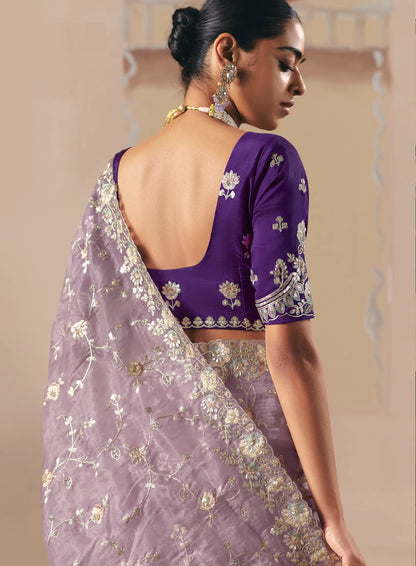 Lavender Fancy Embroidery & Stone Work Saree