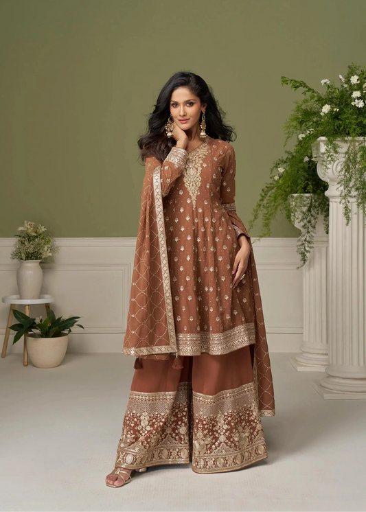 Coffee Brown Hand-Embroidered Salwar Palazzo Set