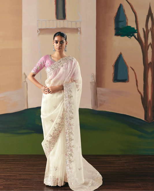 Pearl White Fancy Embroidery & Stone Work Saree