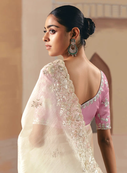 Pearl White Fancy Embroidery & Stone Work Saree