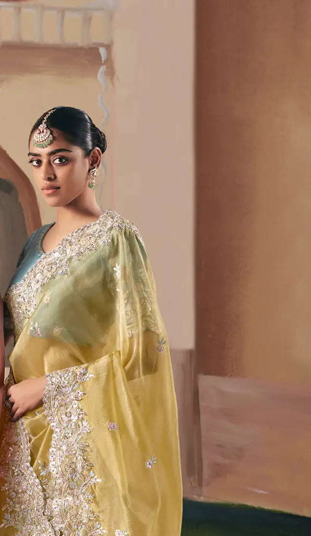 Sand Yellow Fancy Embroidery & Stone Work Saree
