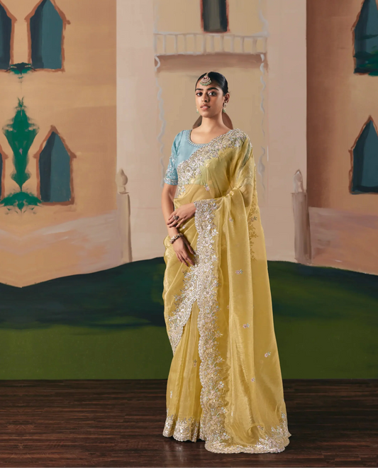 Sand Yellow Fancy Embroidery & Stone Work Saree