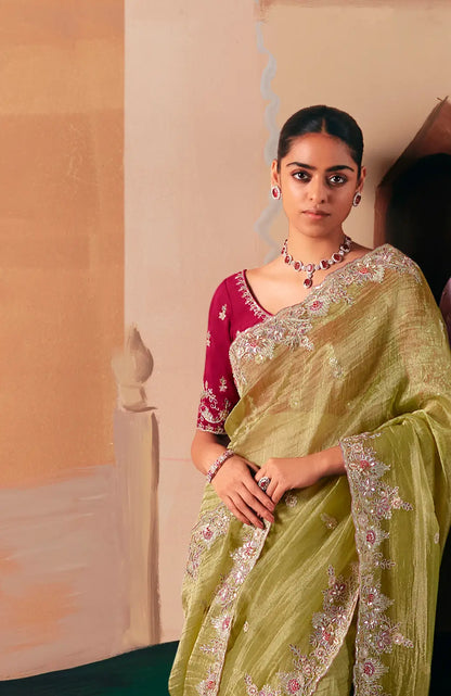 Parrot Green Fancy Embroidery & Stone Work Saree
