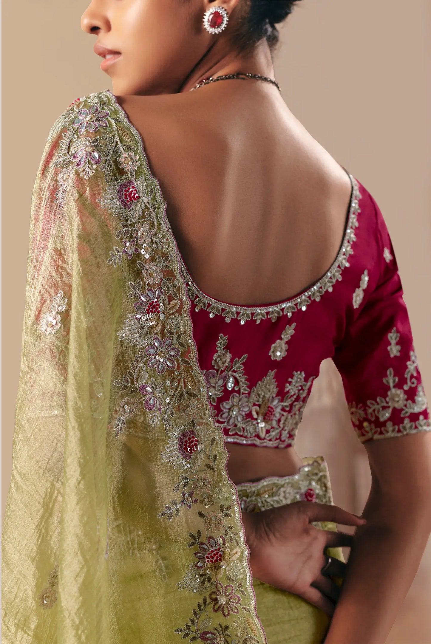 Parrot Green Fancy Embroidery & Stone Work Saree