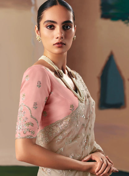 Dusty Grey Fancy Embroidery & Stone Work Saree