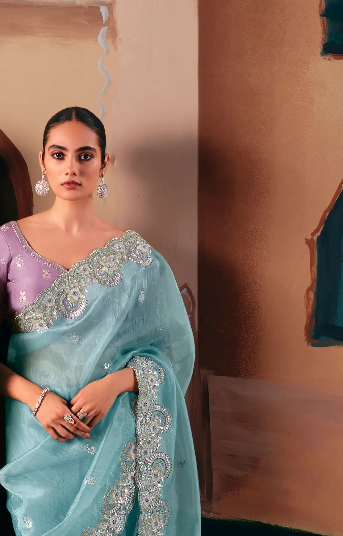 Sky Blue Fancy Embroidery & Stone Work Saree