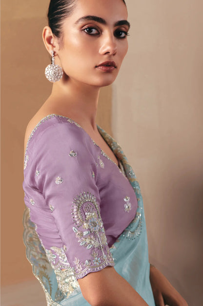 Sky Blue Fancy Embroidery & Stone Work Saree
