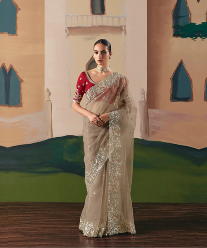 Sand Brown Fancy Embroidery & Stone Work Saree