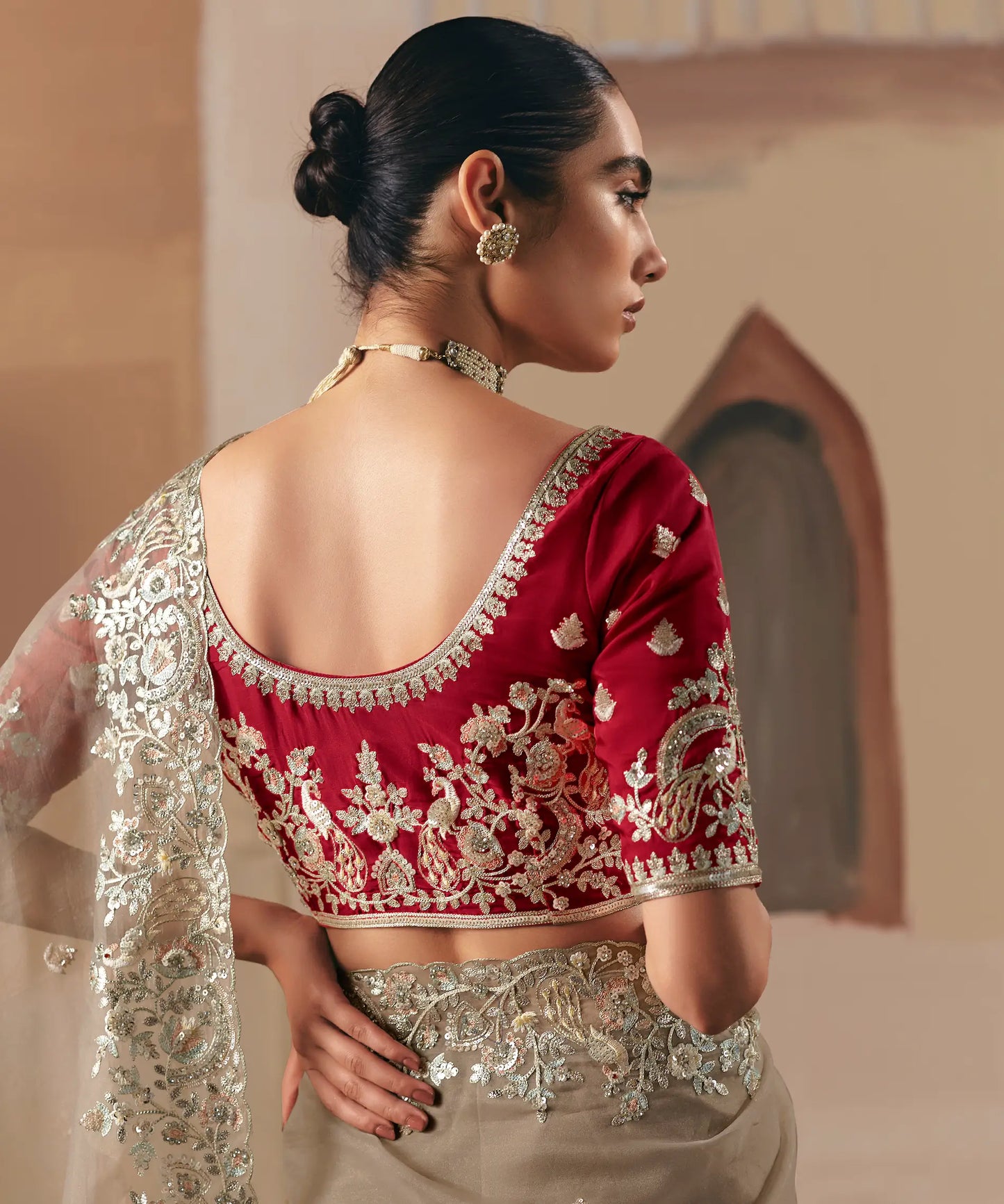 Sand Brown Fancy Embroidery & Stone Work Saree