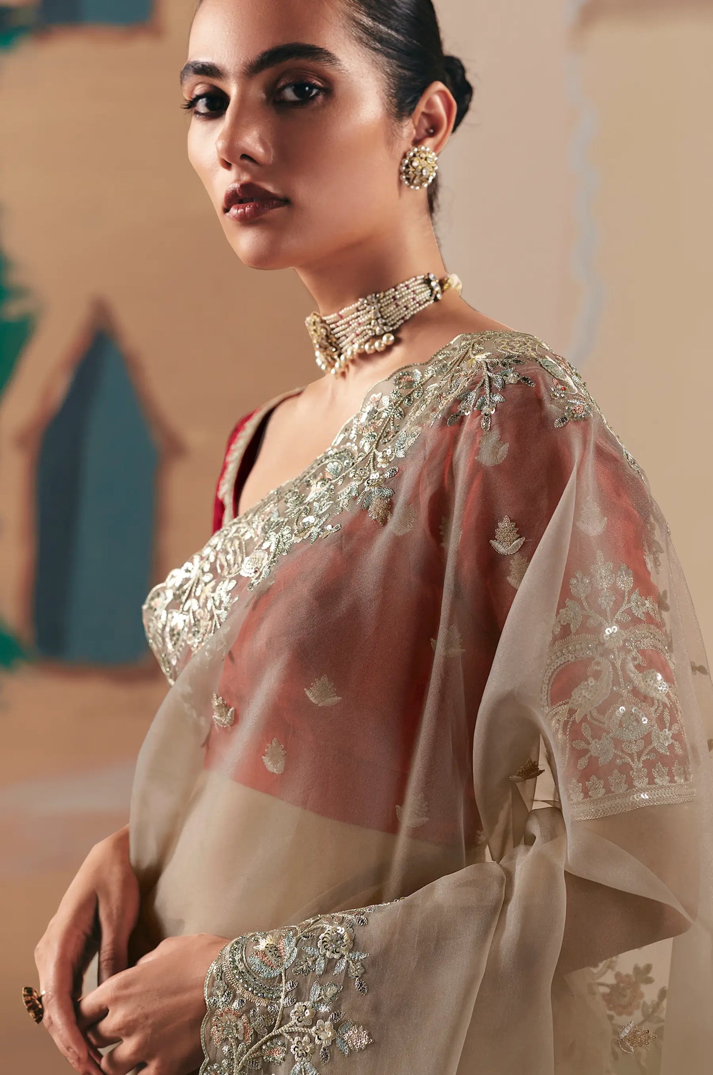 Sand Brown Fancy Embroidery & Stone Work Saree