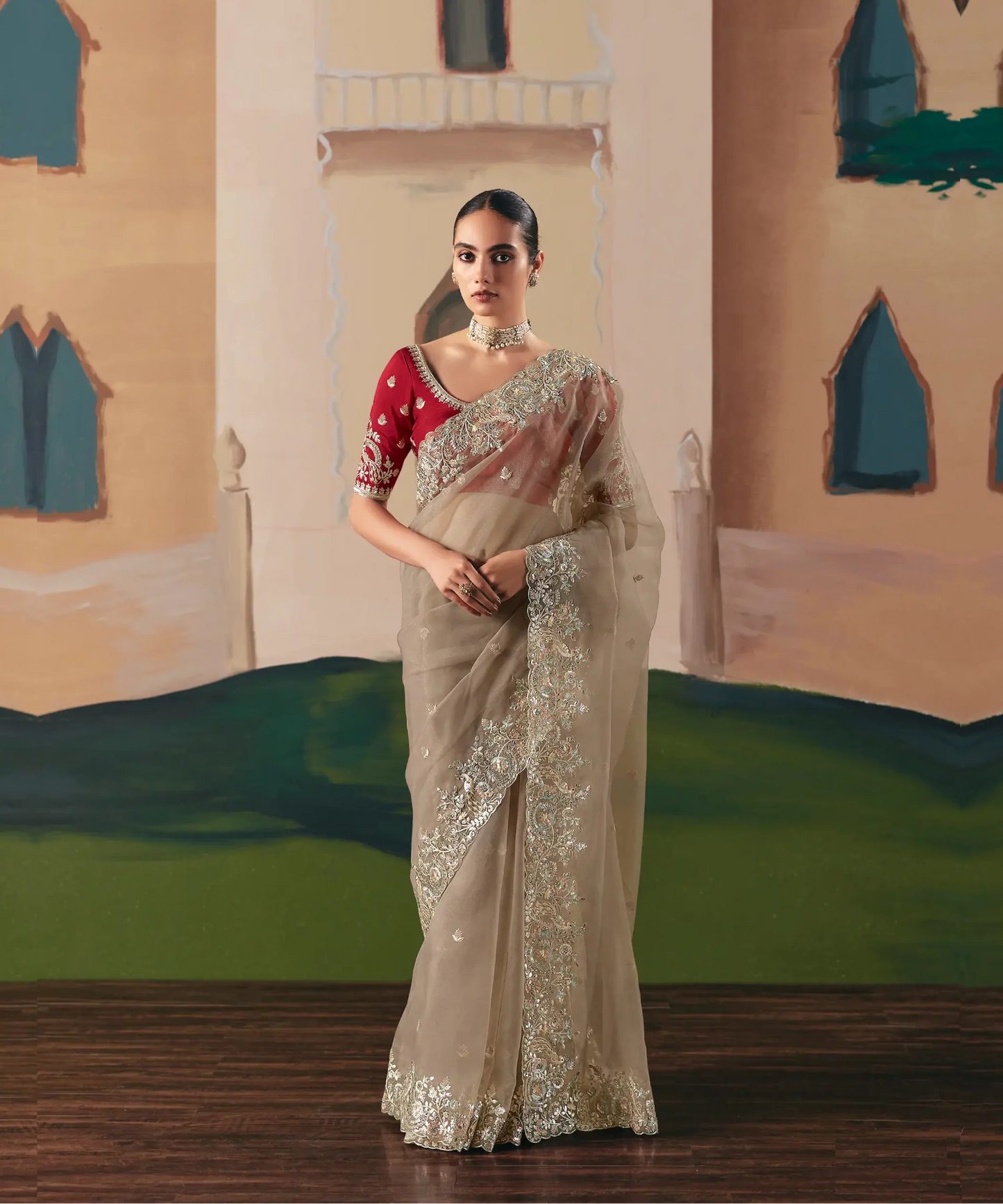 Sand Brown Fancy Embroidery & Stone Work Saree