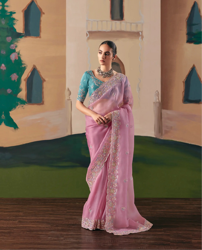 Rosy Pink Fancy Embroidery & Stone Work Saree