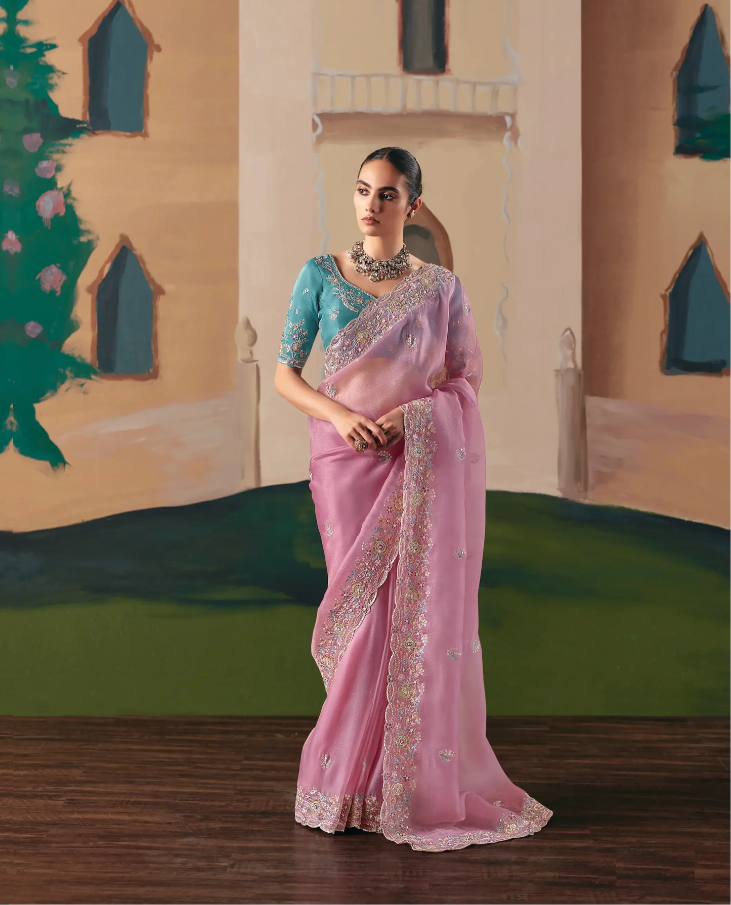 Rosy Pink Fancy Embroidery & Stone Work Saree