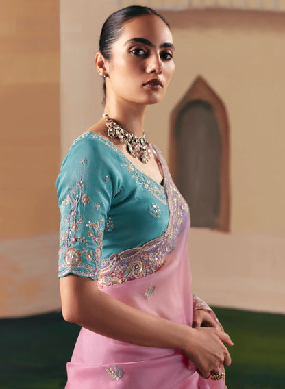 Rosy Pink Fancy Embroidery & Stone Work Saree
