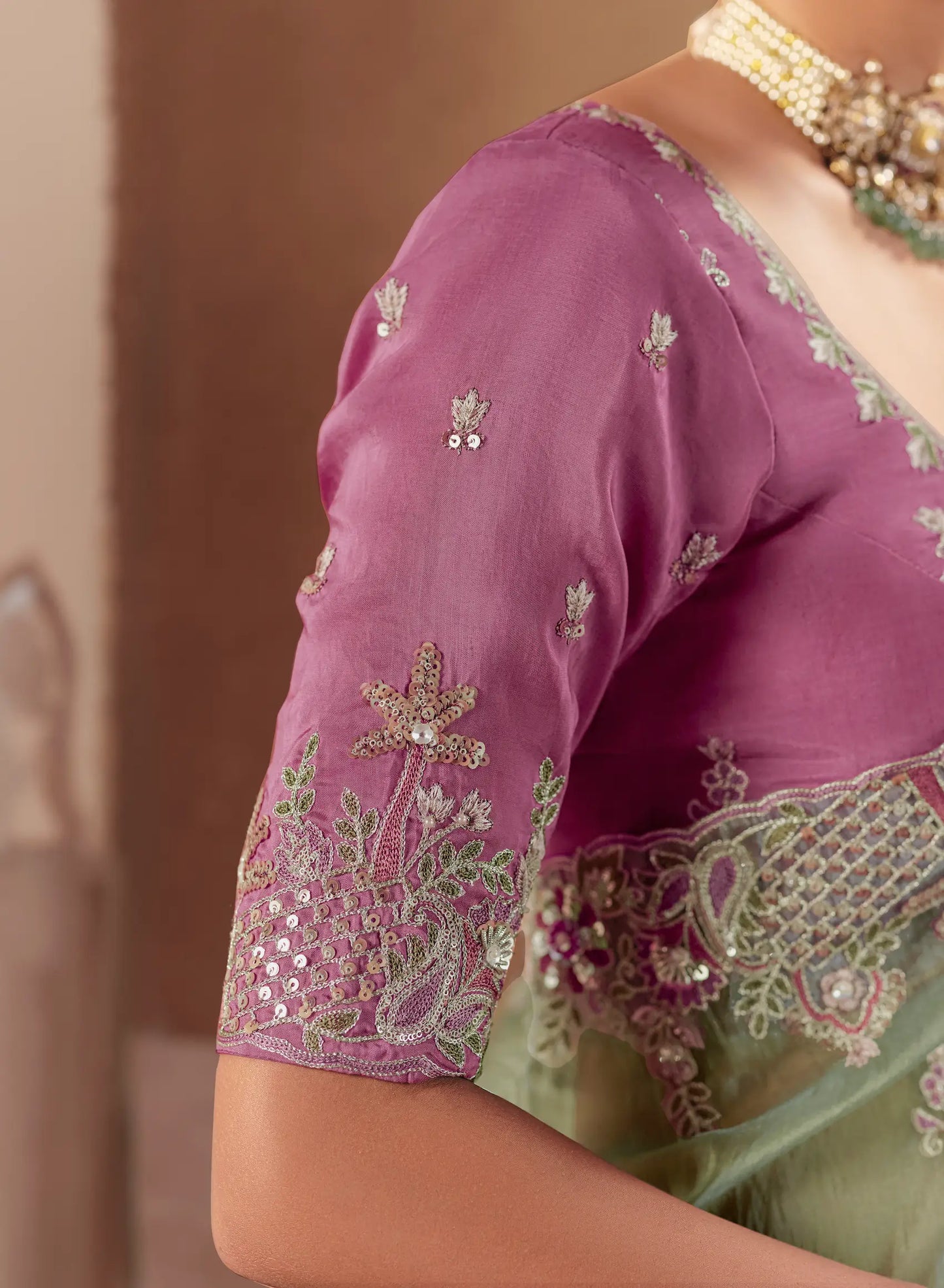 Sage Green Fancy Embroidery & Stone Work Saree