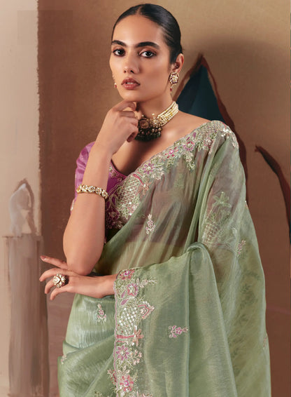 Sage Green Fancy Embroidery & Stone Work Saree