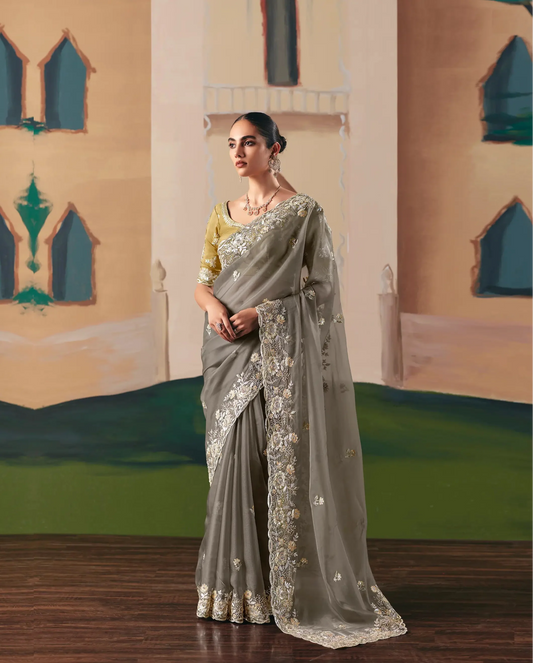 Dark Grey Fancy Embroidery & Stone Work Saree