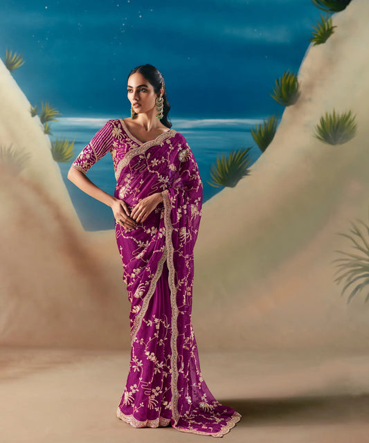 Grape Purple Satin Organza Heavy Embroidery Saree