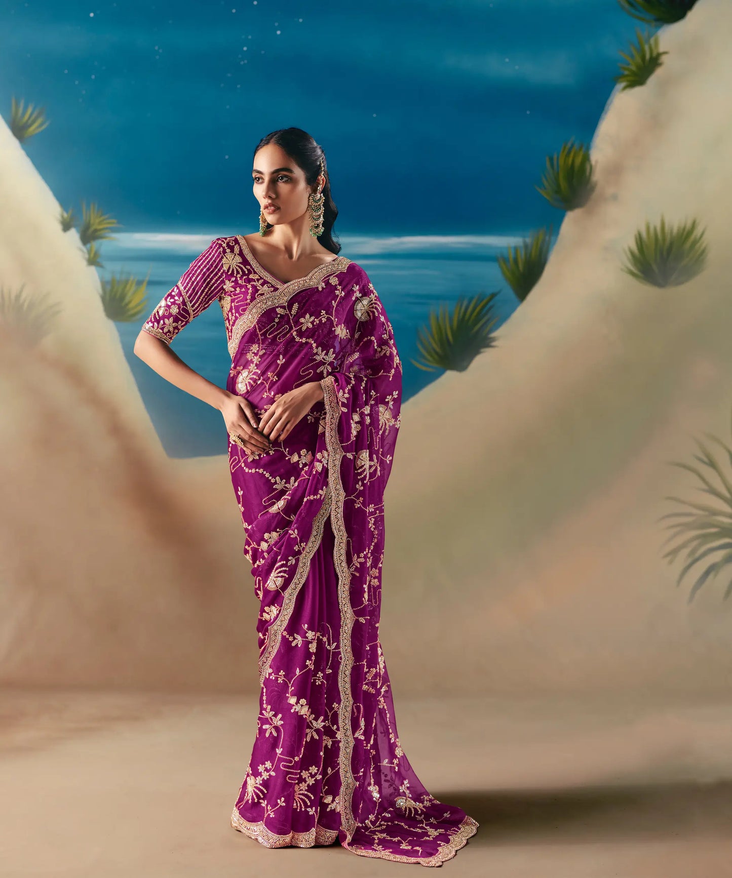 Grape Purple Satin Organza Heavy Embroidery Saree