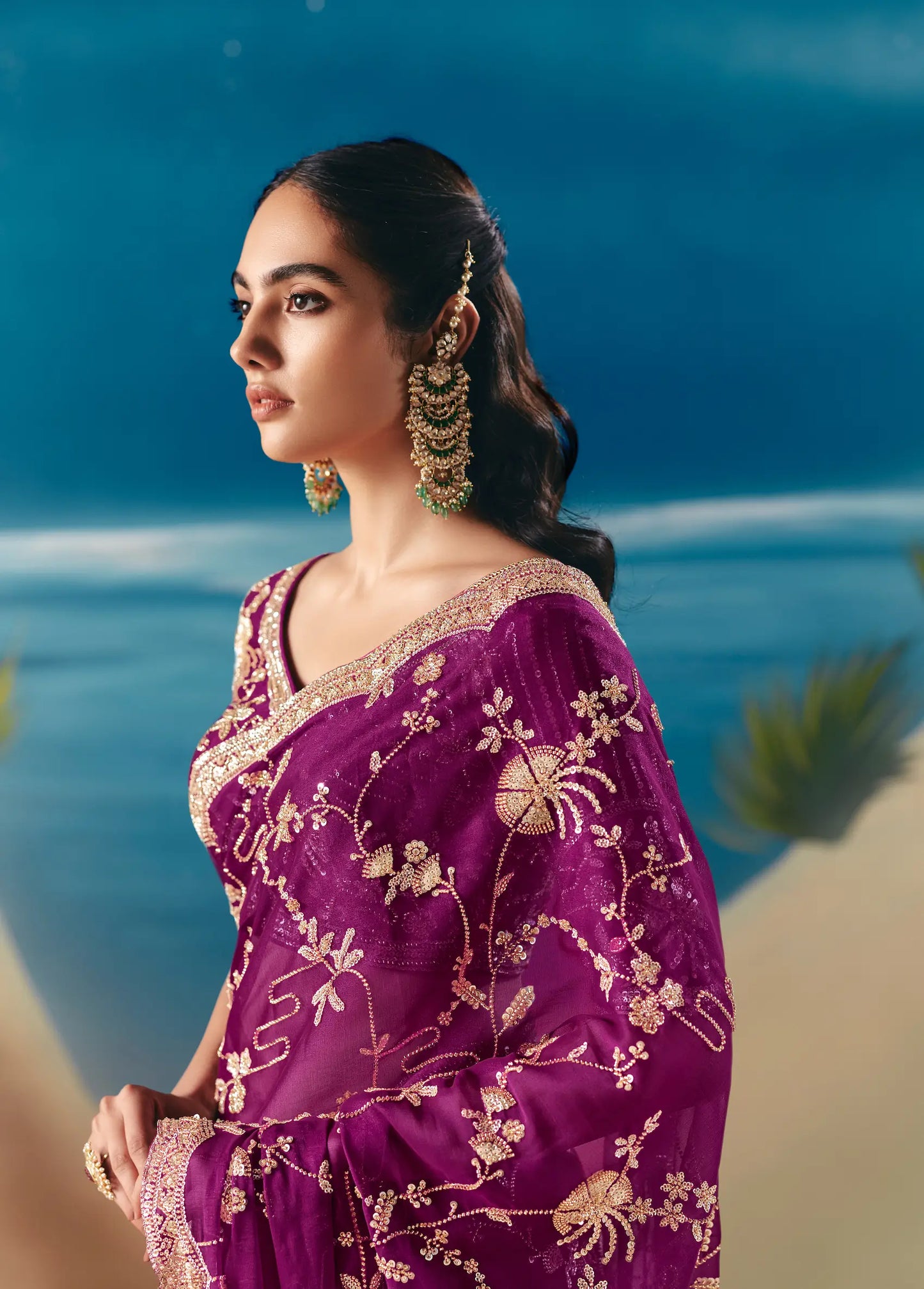 Grape Purple Satin Organza Heavy Embroidery Saree