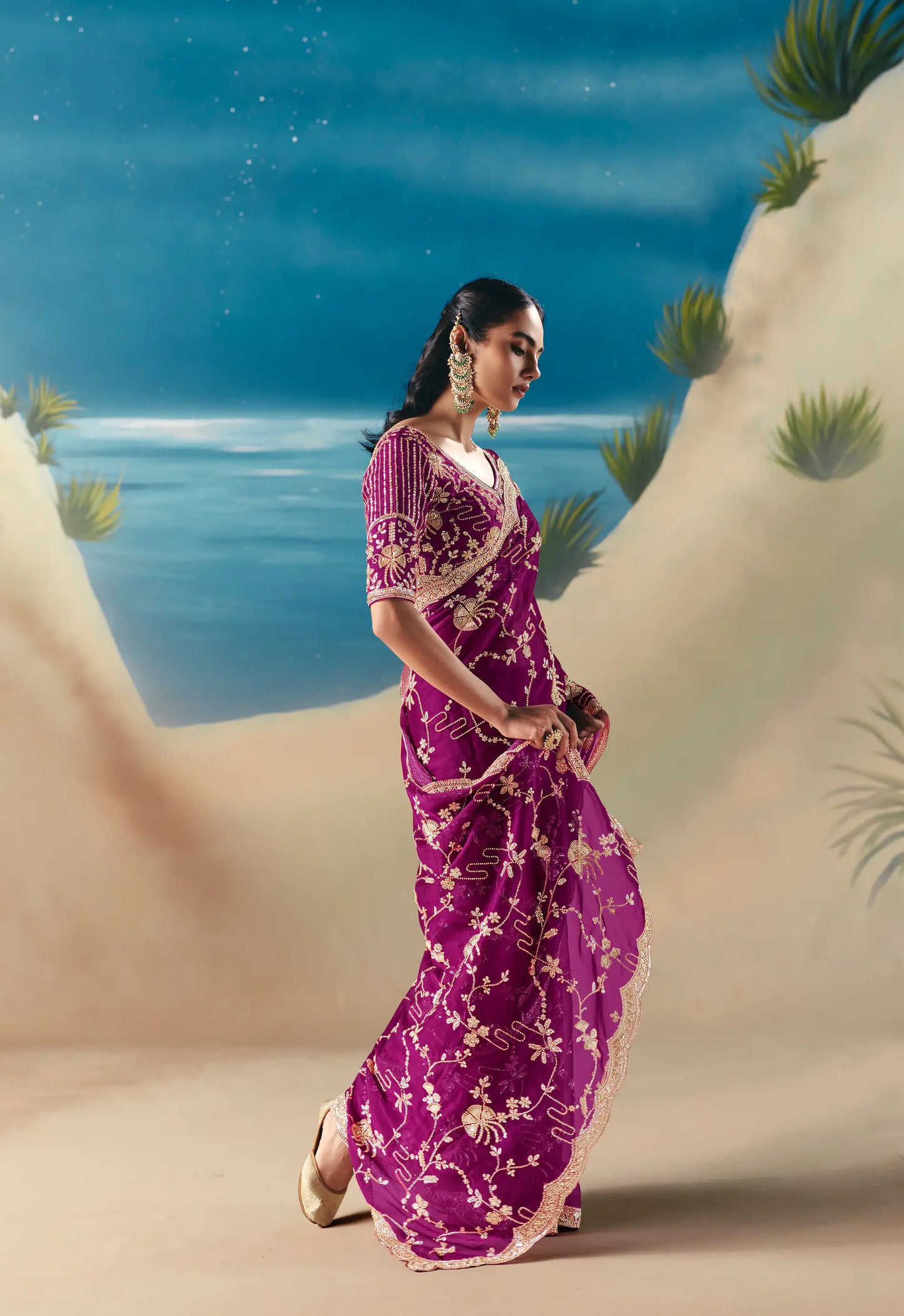 Grape Purple Satin Organza Heavy Embroidery Saree