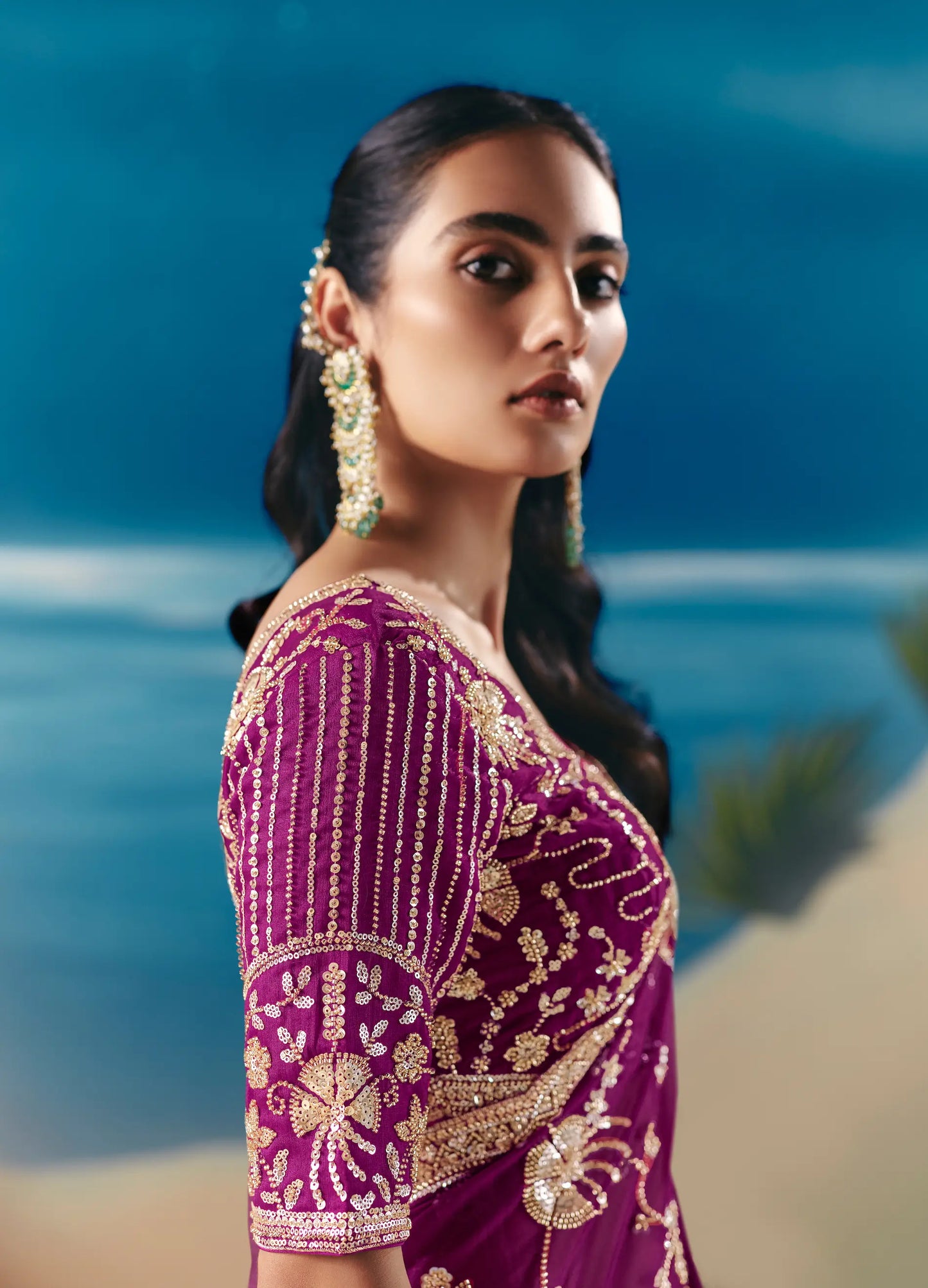 Grape Purple Satin Organza Heavy Embroidery Saree