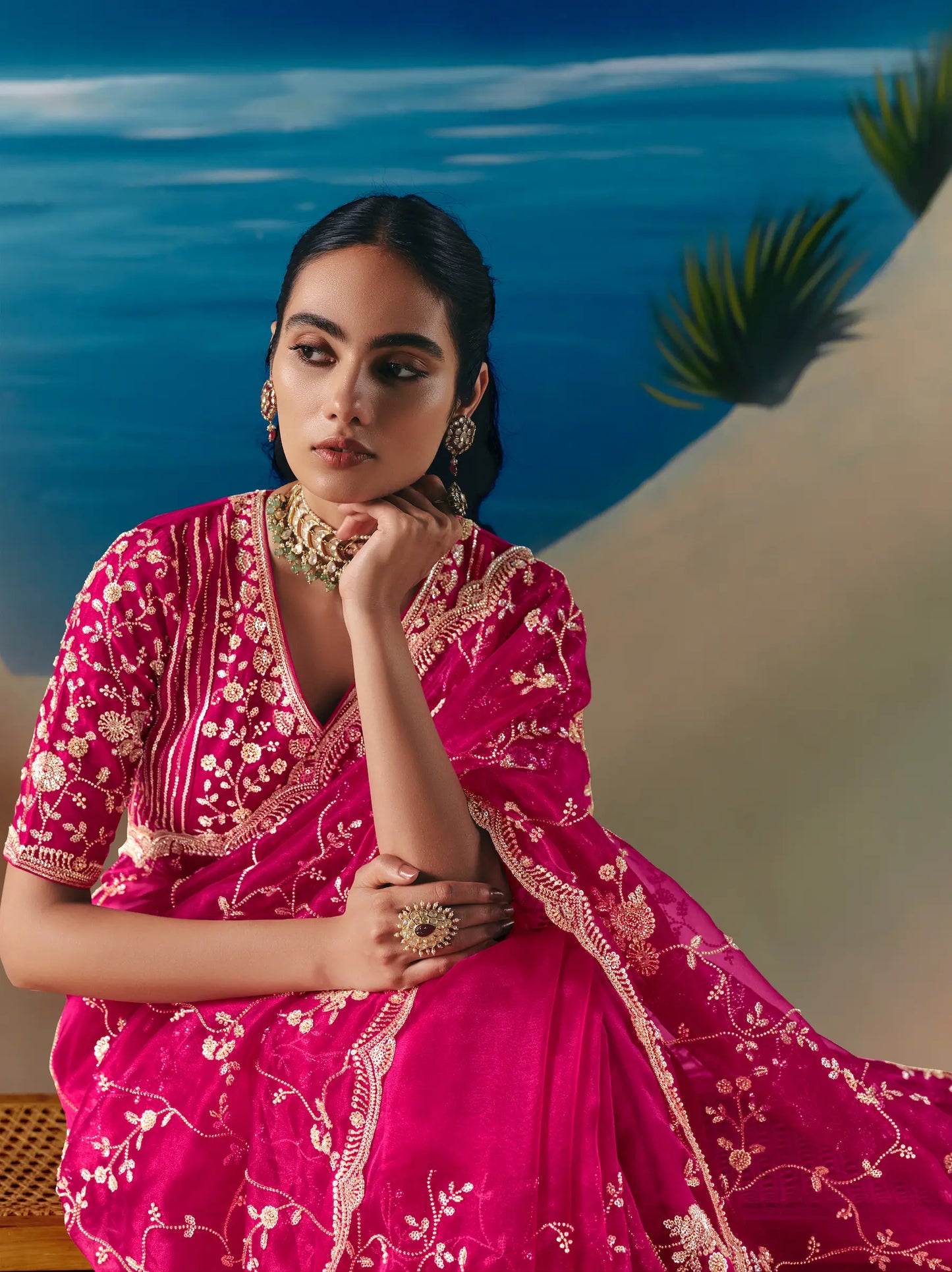 Rose Red Satin Organza Heavy Embroidery Saree