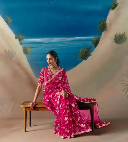 Rose Red Satin Organza Heavy Embroidery Saree